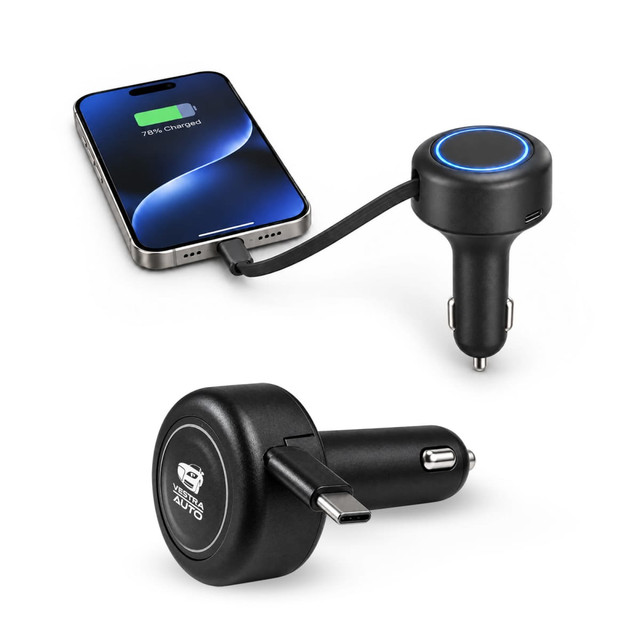 A black retractable car charger with a USB-C connector, paired with a smartphone displaying a charging indicator.