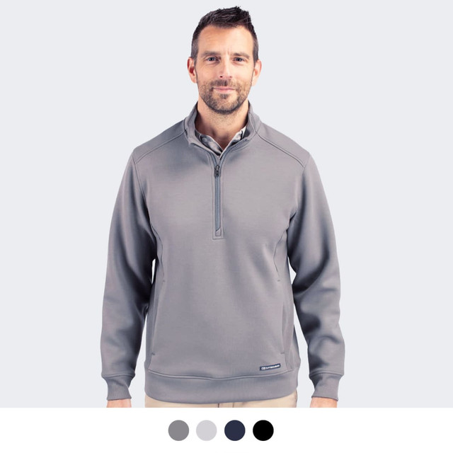 A half zip jacket in grey with a collar and long sleeves, featuring a logo on the chest.