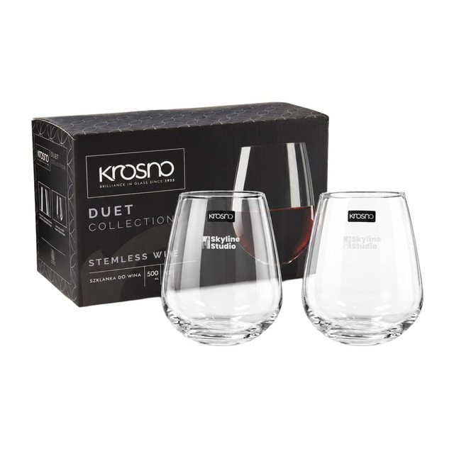 A set of two clear stemless wine glasses is displayed with a black box featuring a logo.