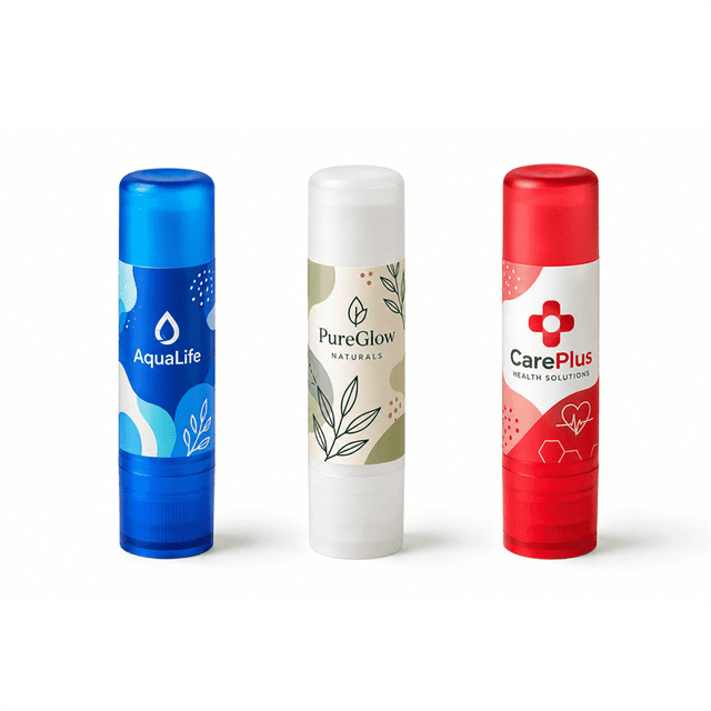 Three lip balm tubes in blue, white, and red, featuring logos and various floral designs.