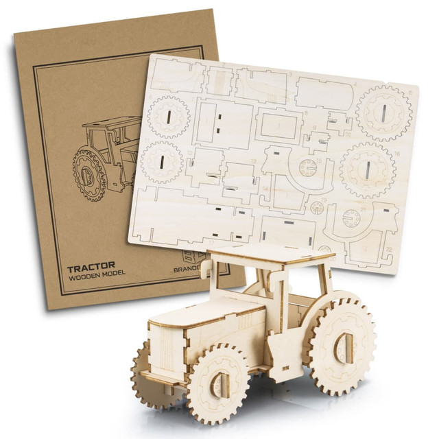 A wooden tractor model in natural wood colour, with a laser-cut template and packaging design.