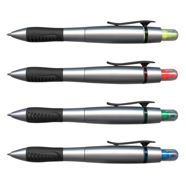 A silver plastic pen with a black grip, featuring a highlighter in green, red, orange, and blue at the top. The pen has a logo. A silver plastic pen with a black grip, featuring a highlighter in green, red, orange, and blue at the top. The pen has a logo.