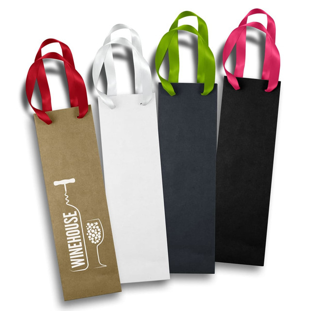 A set of four wine bags in brown, white, black, and a colourful selection of ribbon handles. The bags feature a logo.