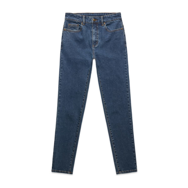 A pair of blue skinny jeans with a high waist and five pockets. Features stitching details and a branded logo. A pair of blue skinny jeans with a high waist and five pockets. Features stitching details and a branded logo.