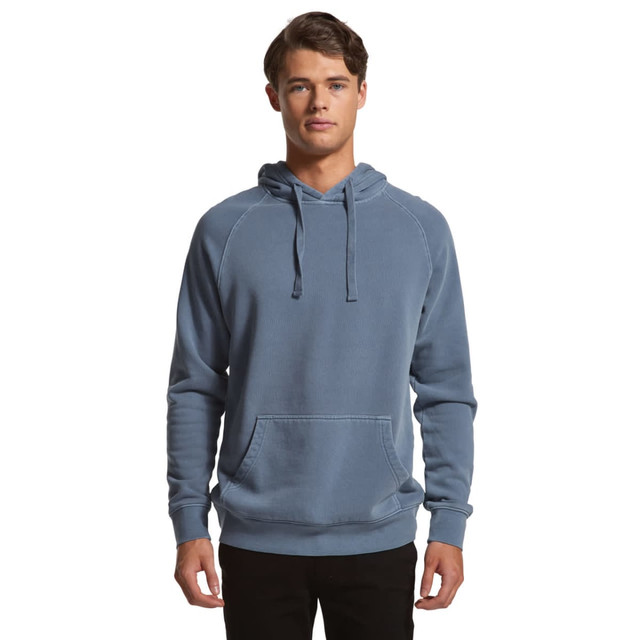 A blue hoodie featuring a front pocket and a drawstring hood, with a subtle logo on the front.