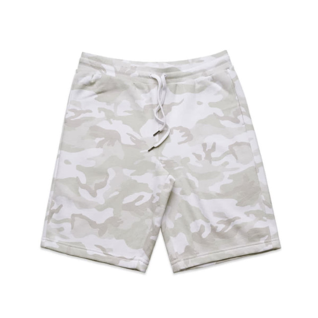 A pair of grey and white camo sports shorts with an elastic waistband and drawstring detailing.