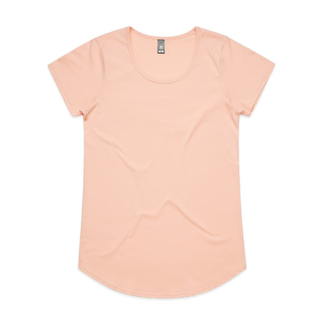 A light peach T-shirt with a scoop neck and short sleeves, featuring a branded label.