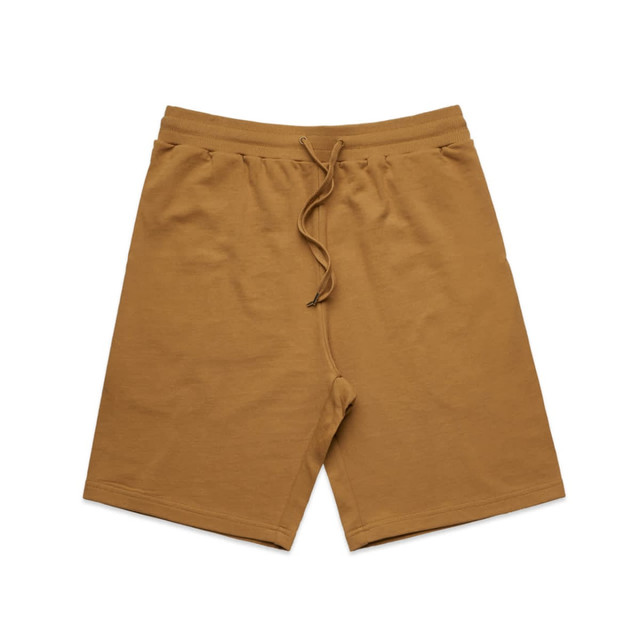 Brown sports shorts featuring an elastic waistband and adjustable drawstring, with a minimalistic design.