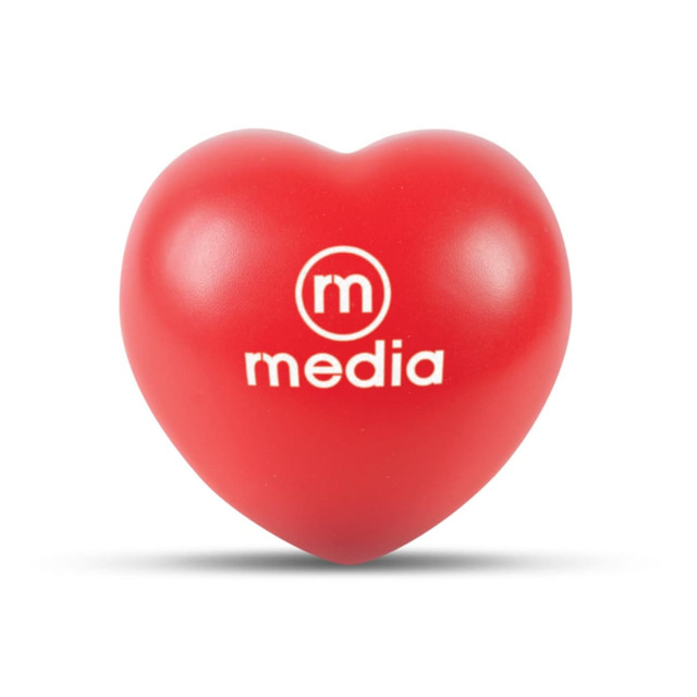 A red heart-shaped stress ball with the word "media" printed on it. A red heart-shaped stress ball with the word "media" printed on it.