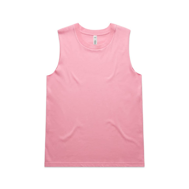 A pink sleeveless tank top with a round neckline, featuring a logo.