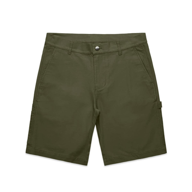 Utility shorts in olive green, featuring multiple pockets and a button closure, with an attached logo.