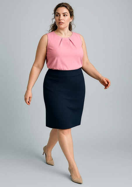A woman in a pink top and navy blue skirt walks confidently, showcasing the relaxed fit lined skirt.