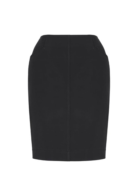 A black bandless pencil skirt with two pockets and a fitted style. It features a simple, sleek design.