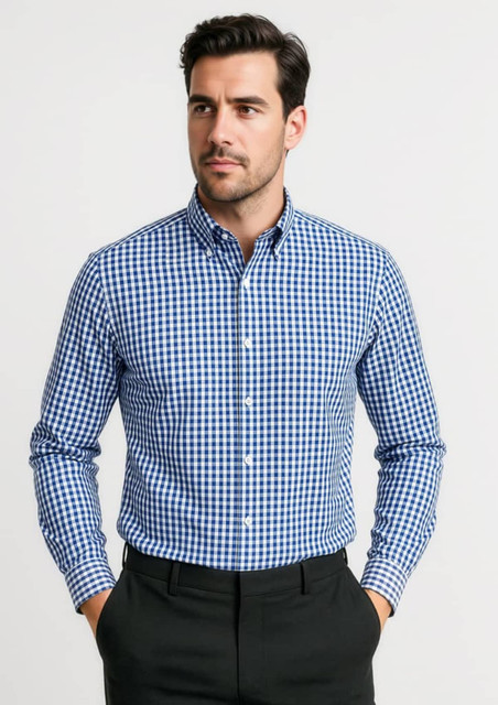 A men's long sleeve button-up shirt in blue and white gingham check pattern, featuring a collar and a logo.