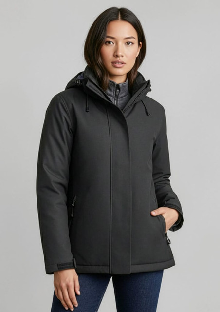 A black women's rain jacket featuring a hood and zippered pockets, designed for protection against wet weather.