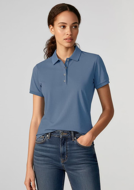A women's short sleeve polo shirt in a soft blue colour, complemented by a collar and button placket.