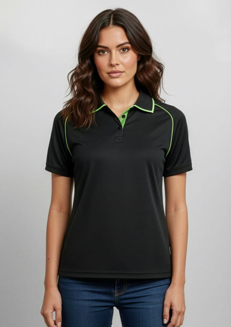 A black women's short sleeve polo shirt with green accents and a logo on it.