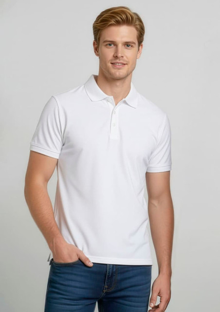A white men's short sleeve polo shirt, featuring a classic collar and a logo on the chest, worn by a model.