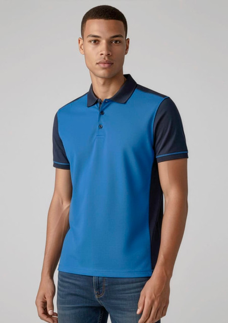 A men's short sleeve polo shirt in blue with navy accents and a logo on the chest.