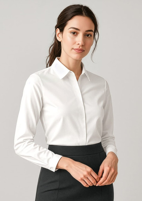 A white long sleeve button-up shirt for women, featuring a classic collar and a simple design.