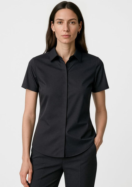A black short sleeve button-up shirt for women, featuring a collar and a fitted silhouette. Includes a logo.
