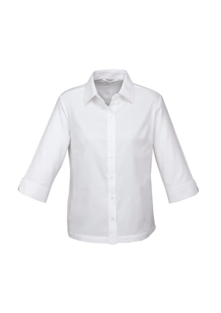 A white women's 3/4 sleeve button-up shirt with a collar and rolled sleeves, featuring a small logo.