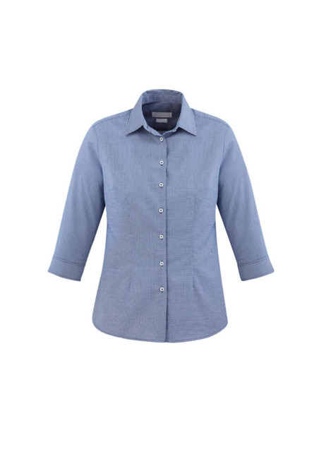 A women's blue button-up shirt with 3/4 sleeves and a collar, featuring a subtle pattern and a logo.