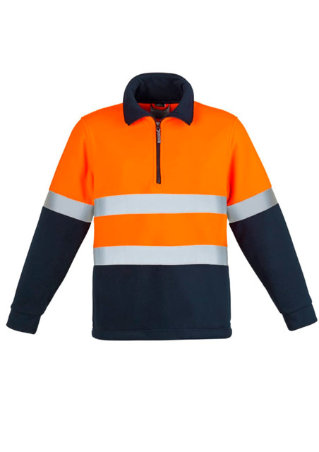 A unisex polar fleece pullover in orange and navy, featuring hoop-taped reflective strips and a quarter zip.