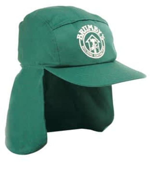 A green Poly Cotton Legionnaire Cap featuring a wide brim and a flap at the back. It has a logo on the front.