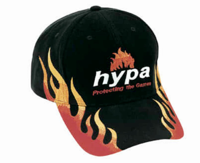 A black cap with double flame designs in red and yellow, featuring a logo on the front. A black cap with double flame designs in red and yellow, featuring a logo on the front.
