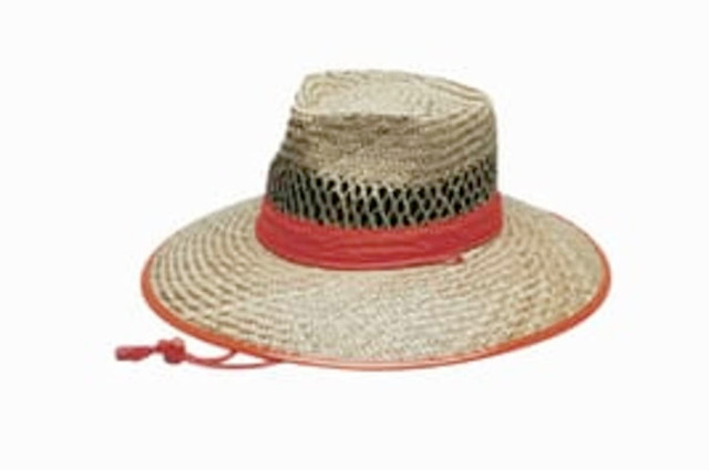 A natural straw hat with an orange trim, featuring a wide brim and a woven design. It has a logo on the band. A natural straw hat with an orange trim, featuring a wide brim and a woven design. It has a logo on the band.