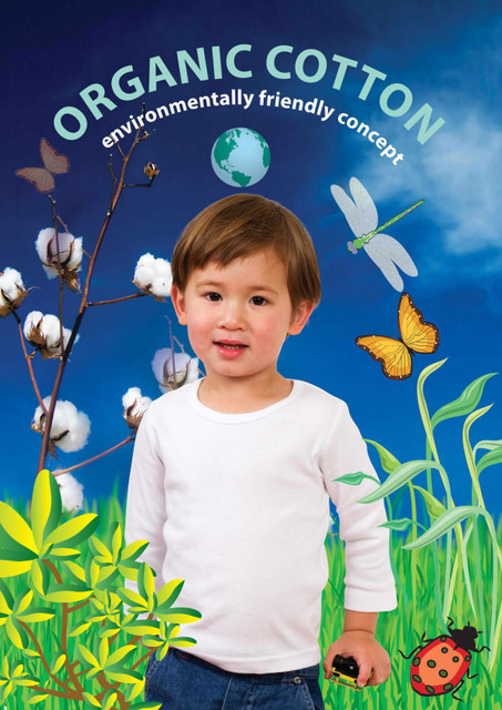 A long-sleeve baby T-shirt in white, featuring a child surrounded by a nature-inspired backdrop with butterflies and insects.