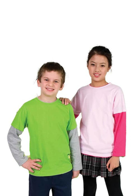 A green and grey long-sleeved t-shirt worn by a boy, alongside a girl in a pink and grey long-sleeved t-shirt.