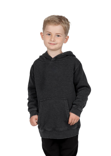 A grey fleece hoodie for babies with a front pocket and a hood, displayed on a child. It features a logo.