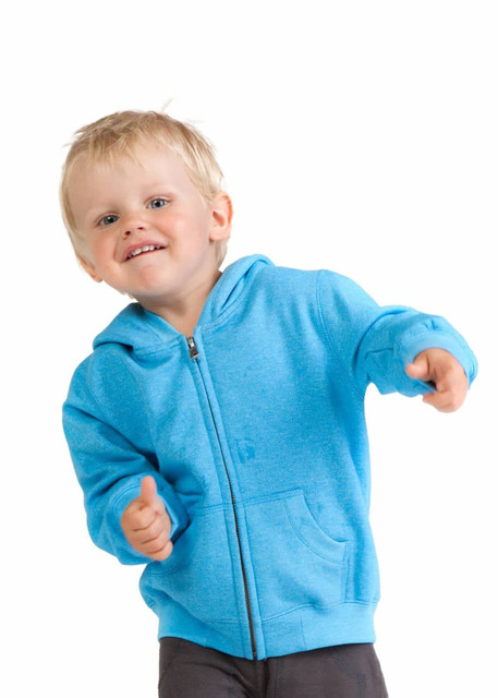 A blue zip hoodie for babies, featuring a front zip and a hood, worn by a smiling child in casual pants and shoes.