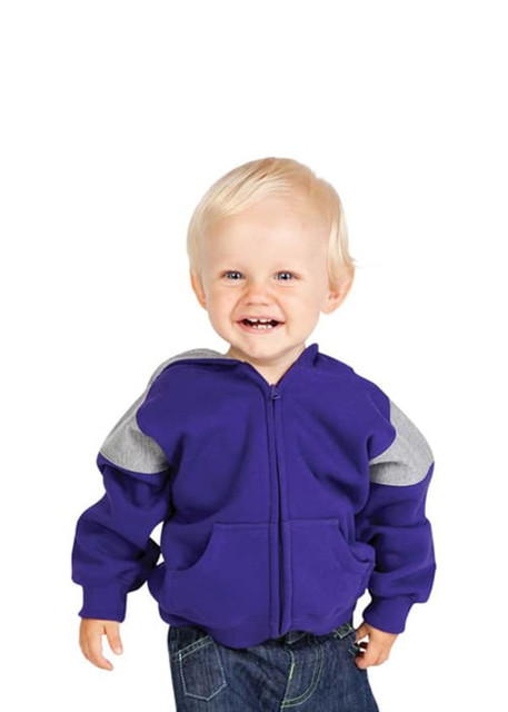 A purple kids' hoodie featuring grey contrast panels and a zipper, displayed on a smiling child.