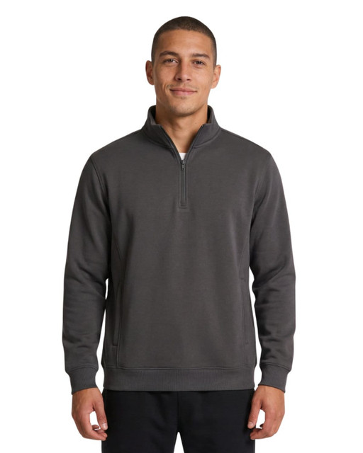 A navy blue half zip fleece jumper featuring a stand-up collar and side pockets, modelled by a man.