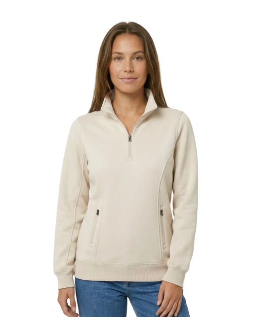 A women's grey half zip fleece jumper with side pockets, featuring a fitted design and a collar. It has a logo.