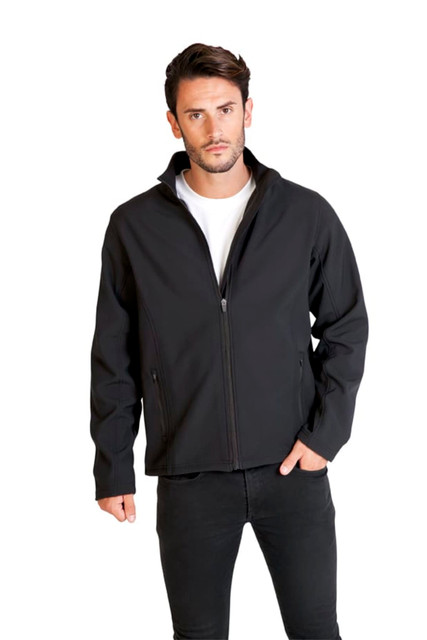 A black men's soft shell jacket with a zip front and a stand collar, modelled by a man.