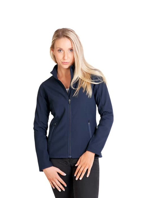 A woman wearing a navy blue soft shell jacket, featuring a zip-up front and standing against a white background.