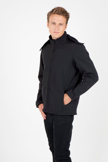 A black men's soft shell hooded jacket from the TEMPEST range, displayed on a model with hands in pockets.