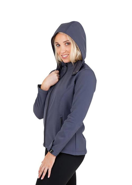 A grey women's soft shell hooded jacket from the TEMPEST range, featuring a zip front and two side pockets.