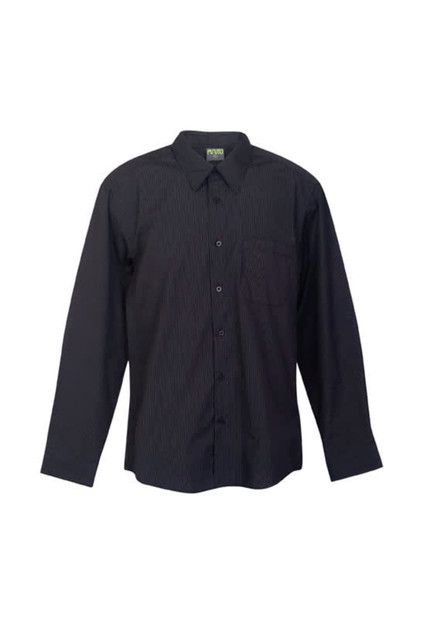 A men's black and white striped button-up shirt featuring a chest pocket and a collar. It has a logo.
