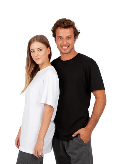 A black and a white unisex t-shirt displayed on models, featuring a simple design and relaxed fit.