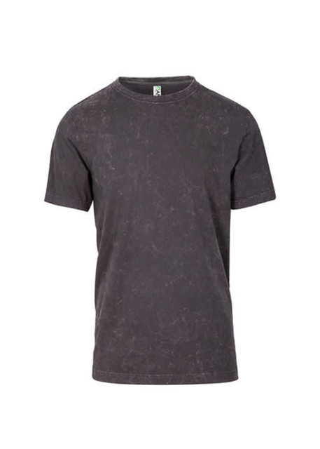 A stone wash black unisex T-shirt with a crew neck and short sleeves, featuring a logo.