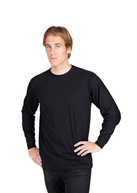 A black long sleeve unisex T-shirt displayed on a model, featuring a plain design and a fitted silhouette.