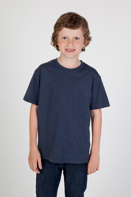 A crew neck T-shirt for kids in navy blue, displayed on a smiling child standing against a plain background.