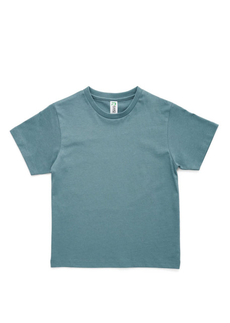 A teal kids' T-shirt with short sleeves and a round neckline, featuring a label inside.