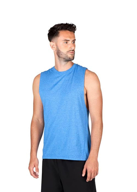 A sleeveless men's tee in heather blue, featuring a classic fit and branding element.