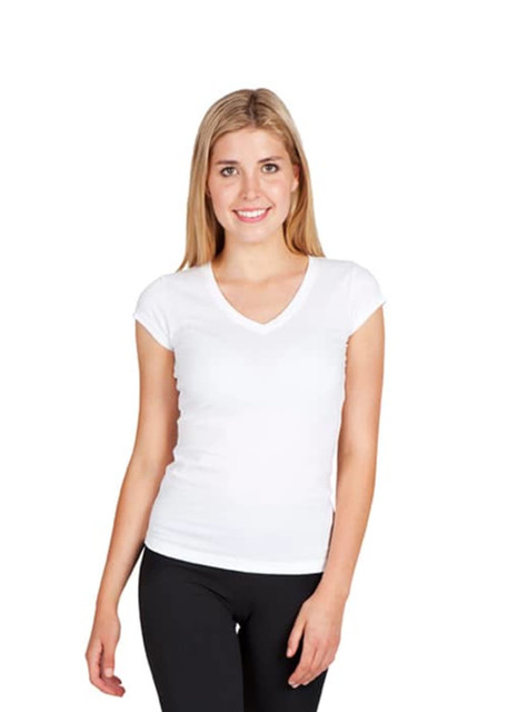 A white women's V-neck T-shirt displayed on a model, featuring a fitted design and short sleeves.